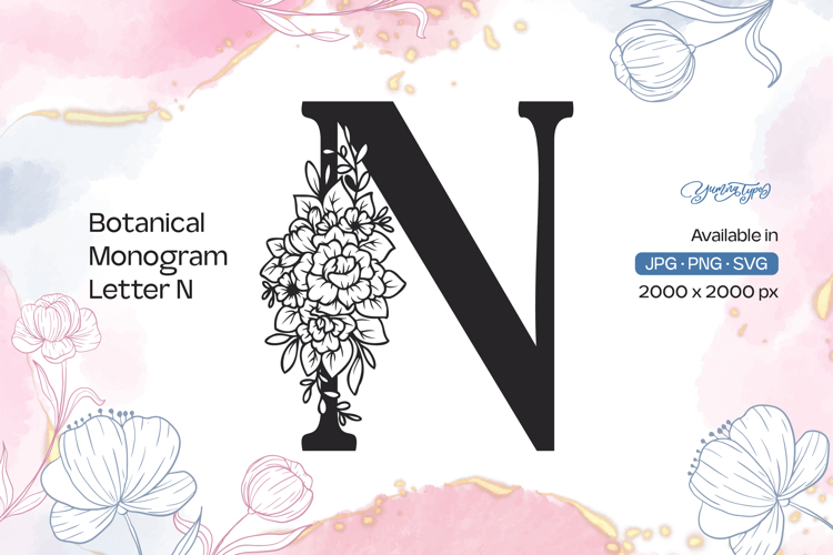 Flower Bouquet Botanical Monogram Letter N