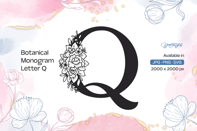 Flower Bouquet Botanical Monogram Letter Q
