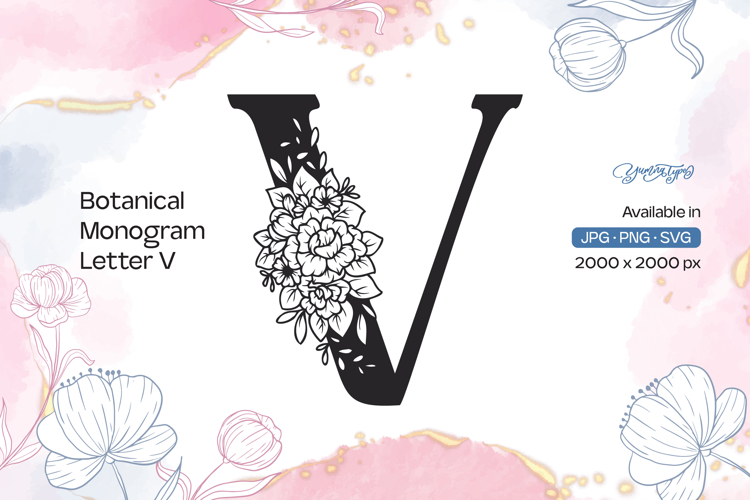 Flower Bouquet Botanical Monogram Letter V