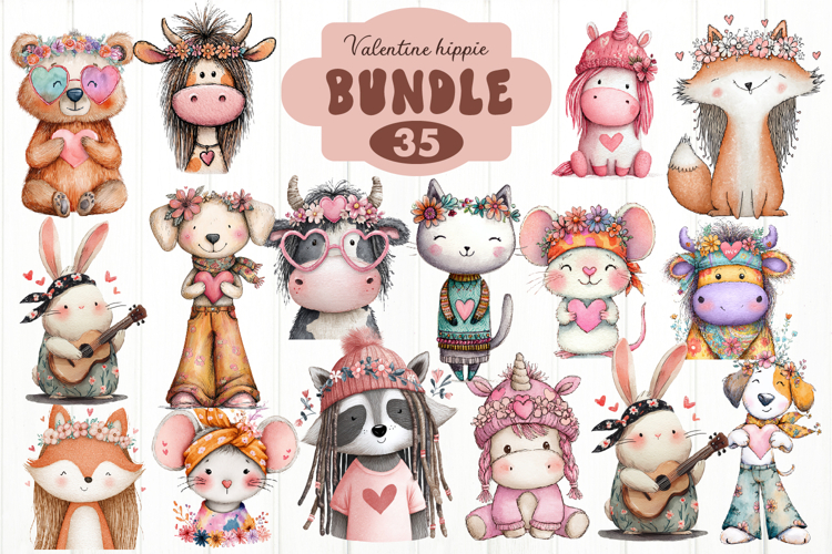 Whimsical Hippie Animal Bundle, Valentine Clipart PNG