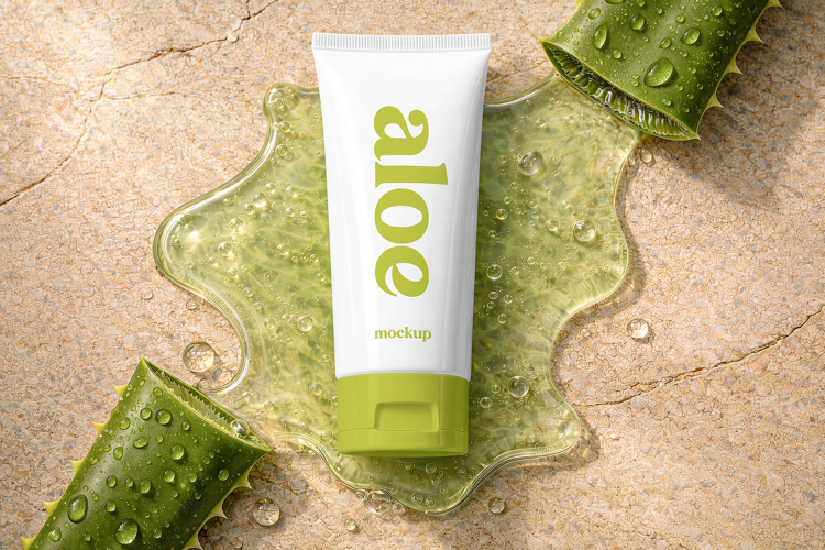 Cosmetic Tube with Aloe Vera Leaves Mockup