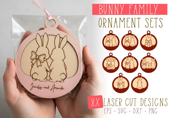 8x Easter Bunny Family Ornament Laser Cut SVG Designs