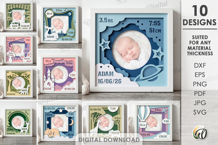 3D Baby Photo Frames Bundle. Birth Stats Shadow Box Papercut