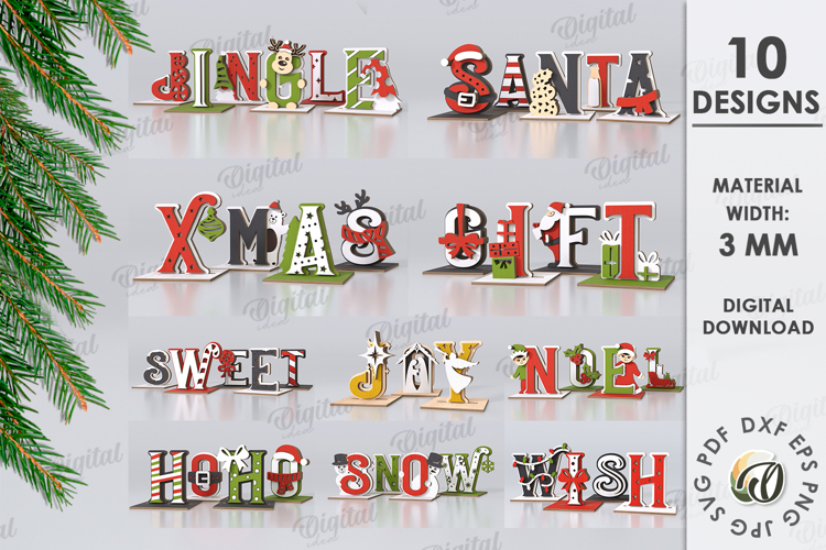 3D Decorative word stands Laser Cut Bundle. Christmas Decor