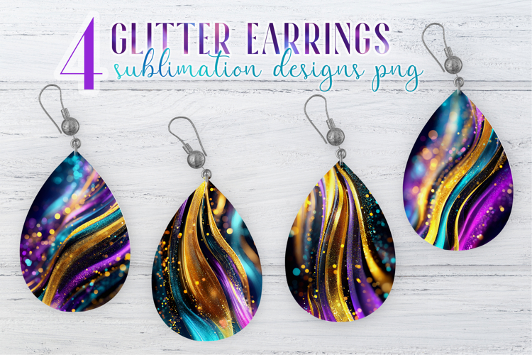 Glitter Earrings Sublimation|Golden Colorful Waves Teardrop