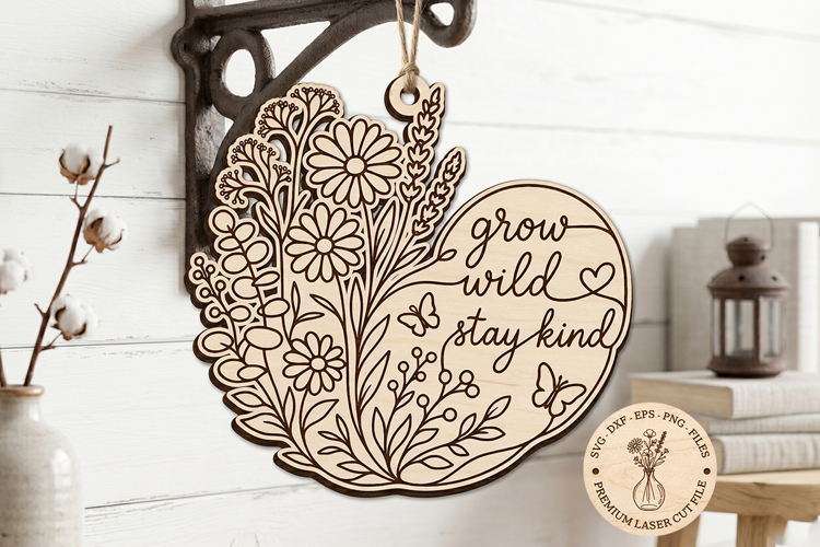 Grow Wild Stay Kind SVG, Floral Door Hanger Laser Cut File