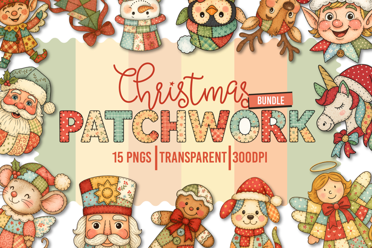 The Hand Painted Christmas Patchwork Designs Bundle PNGs