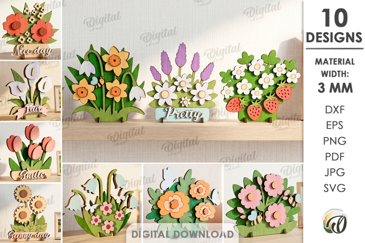 3D Flower Stands Bundle Laser Cut. Floral Decor SVG