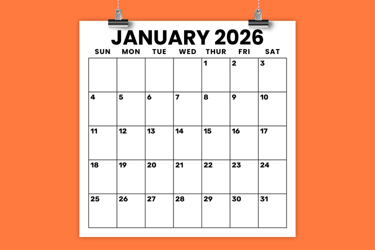 2026 Square 12 x 12 Inch Large Number Calendar Template