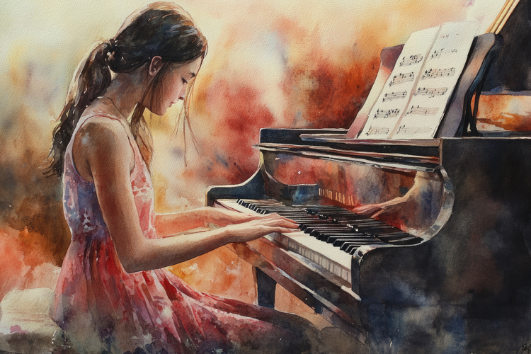 Painting of a Woman Playing a Piano Background Wallpaper