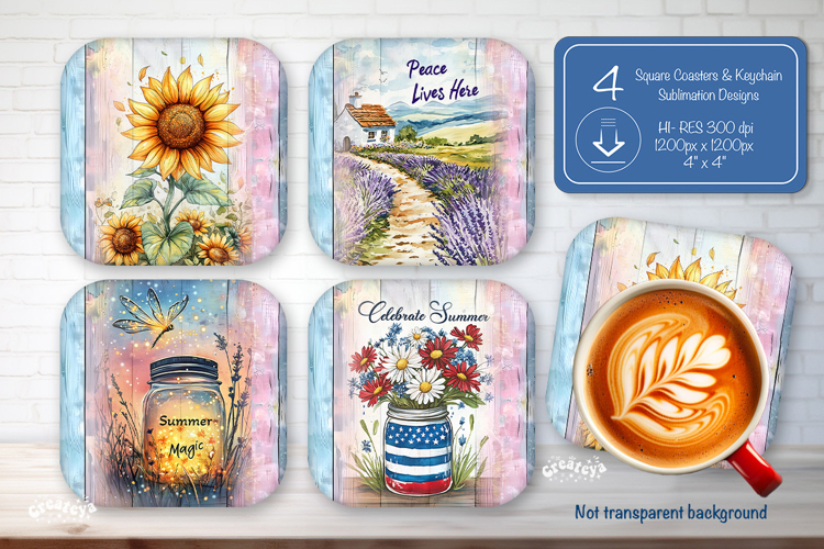 Summer Square Coaster Sublimation PNG Floral farmhouse