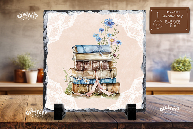 Book lover square slate sublimation book stack decor png