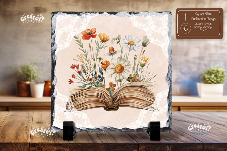 Book lover square slate sublimation open book wildflower png