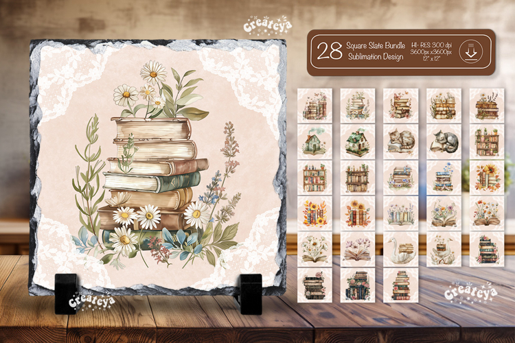 Book lover square slate sublimation Bundle Floral decor png