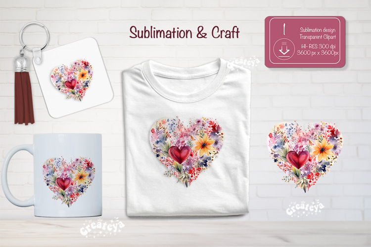 Watercolor Floral Heart PNG Clipart Sublimation Flowers