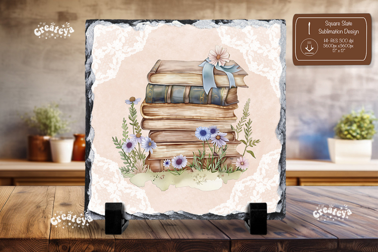 Book lover square slate sublimation Floral wall decor png