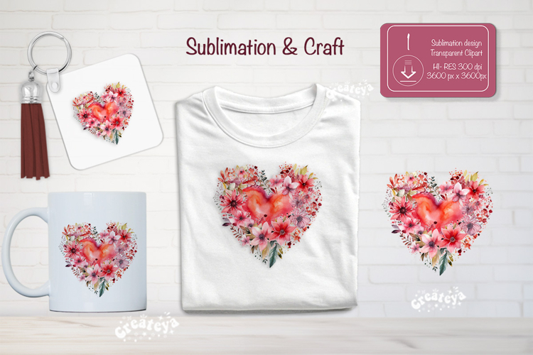 Watercolor Floral Heart PNG Clipart Sublimation Flowers