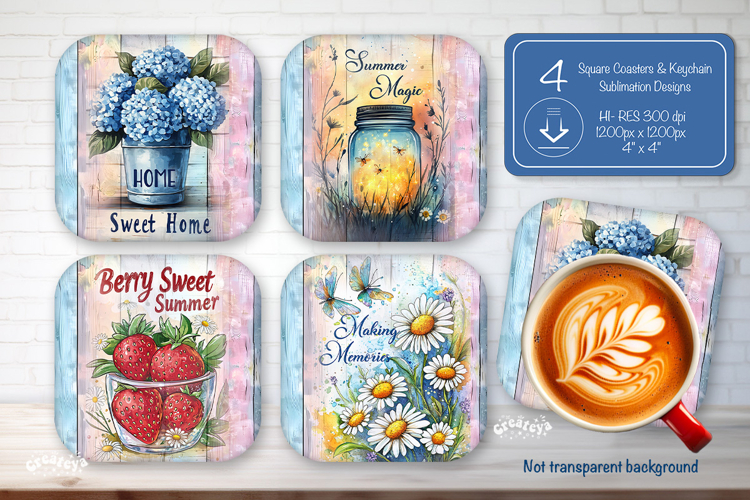 Summer Square Coaster Sublimation PNG Floral farmhouse