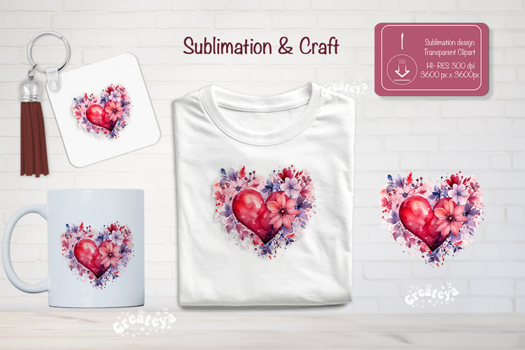 Watercolor Floral Heart PNG Clipart Sublimation Flowers