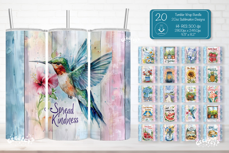 Summer Tumbler Wrap Bundle PNG 20oz Skinny Watercolor