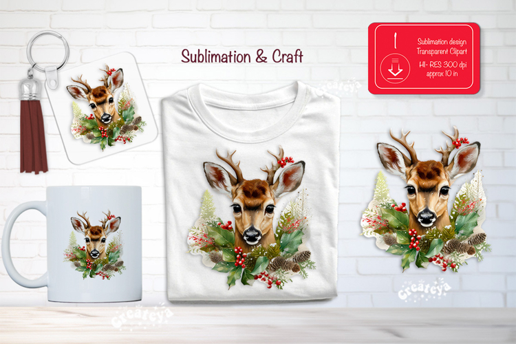 Christmas Watercolor Clipart Sublimation holiday deer animal