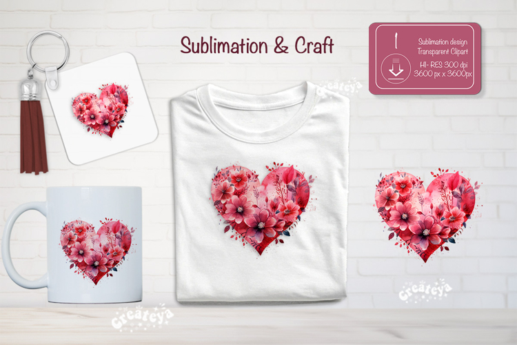 Watercolor Floral Heart PNG Clipart Sublimation Flowers