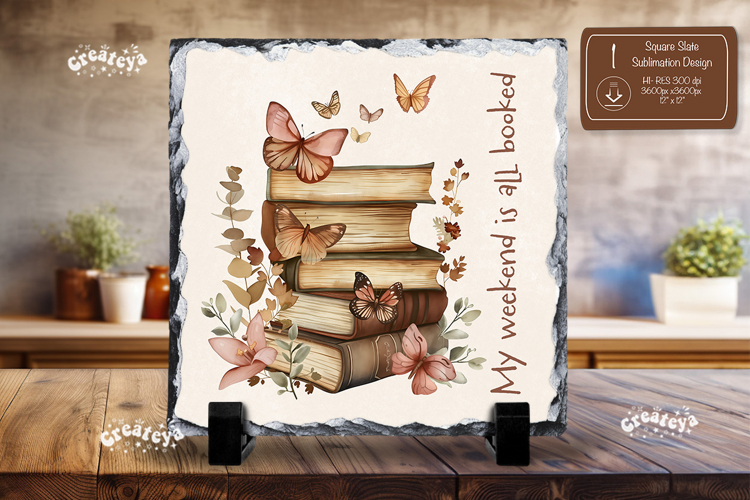Book lover Quote square slate sublimation book stack png