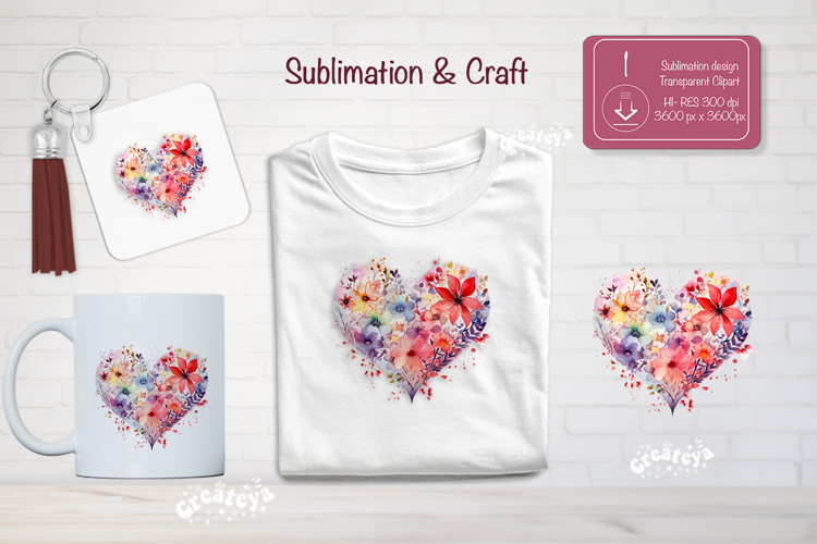 Watercolor Floral Heart PNG Clipart Sublimation Flowers
