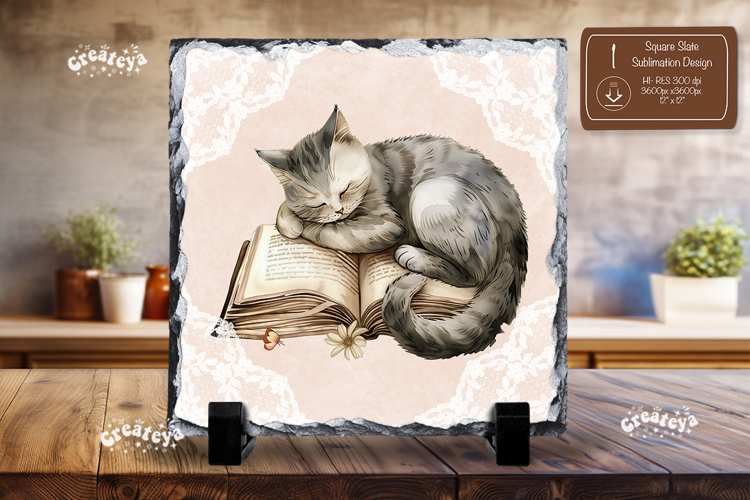 Book lover square slate sublimation Cat wall decor png