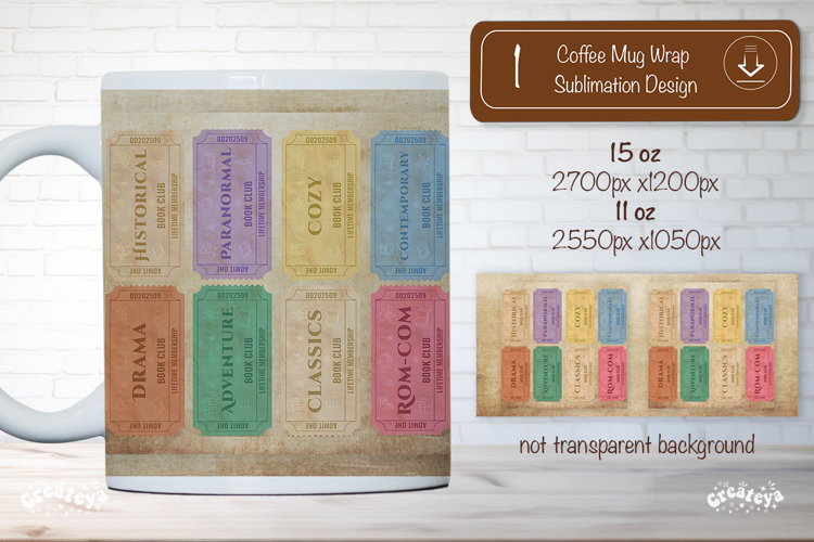 Book Club Ticket Mug Wraps PNG Bookish Library Sublimation