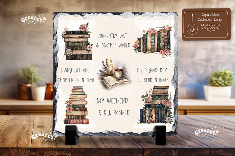 Book lover Quote square slate sublimation book stack png