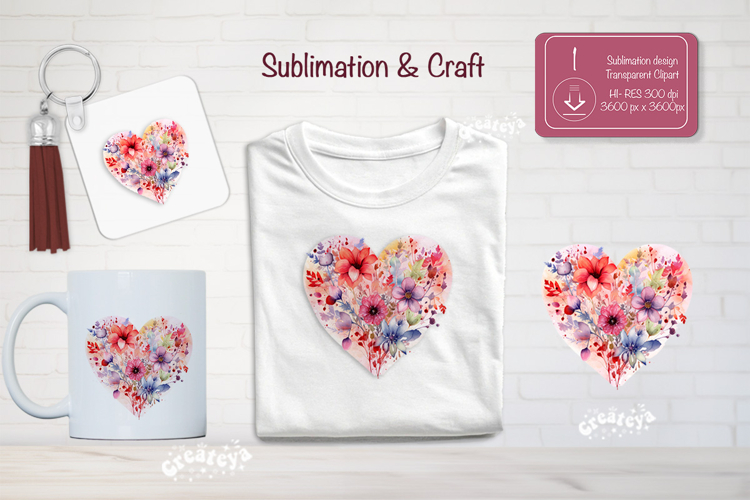 Watercolor Floral Heart PNG Clipart Sublimation Flowers