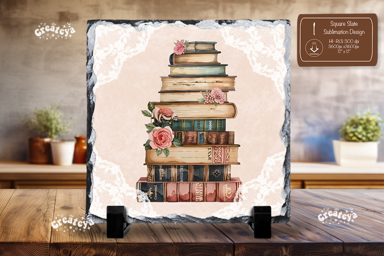 Book lover square slate sublimation flower book stack png