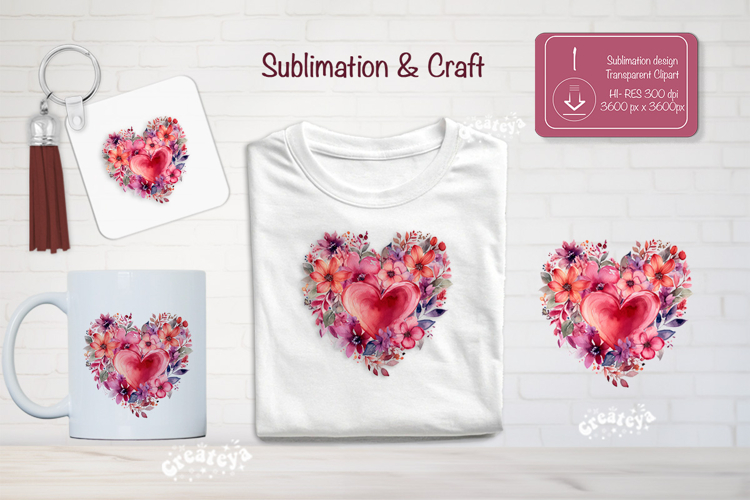 Watercolor Floral Heart PNG Clipart Sublimation Flowers