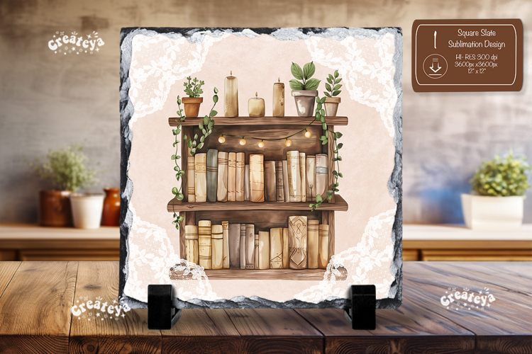 Book lover square slate sublimation book shelf png