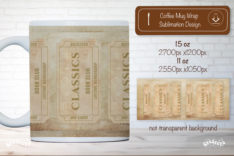Book Club Ticket Mug Wraps PNG Bookish Library Sublimation