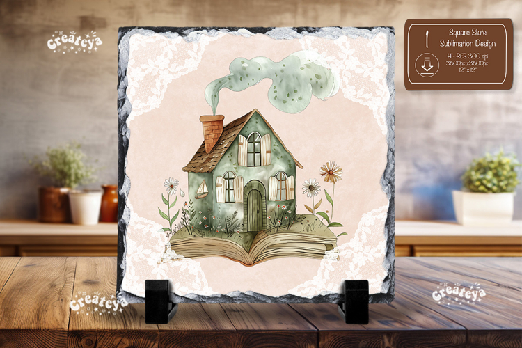 Book lover square slate sublimation Floral wall decor png