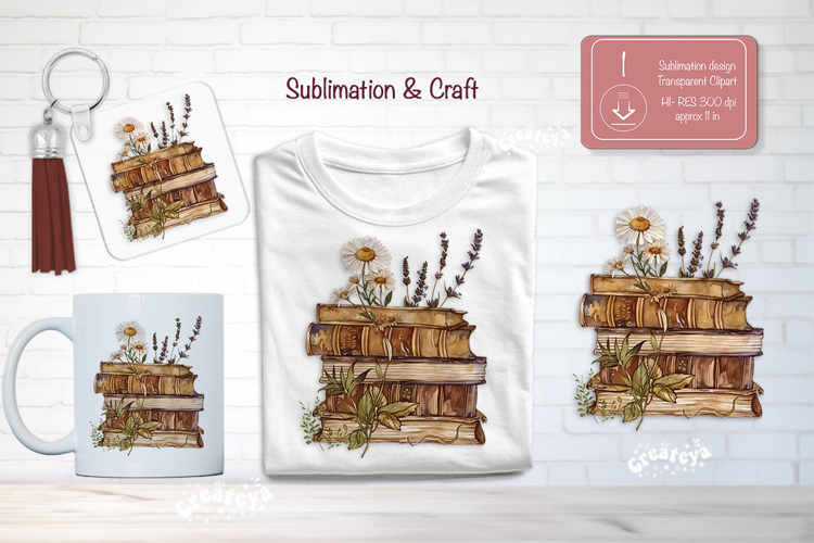 Watercolor Book Lover Clipart Sublimation Flower Books png