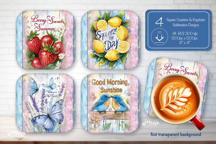 Summer Square Coaster Sublimation PNG Floral farmhouse