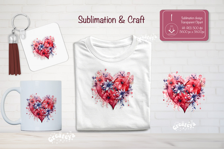 Watercolor Floral Heart PNG Clipart Sublimation Flowers