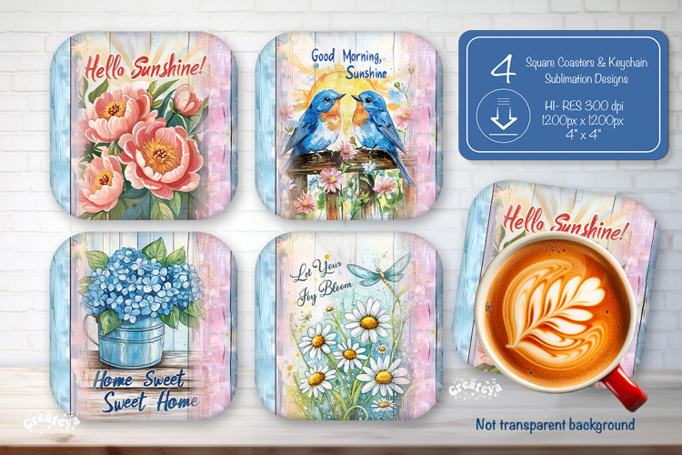 Summer Square Coaster Sublimation PNG Floral farmhouse