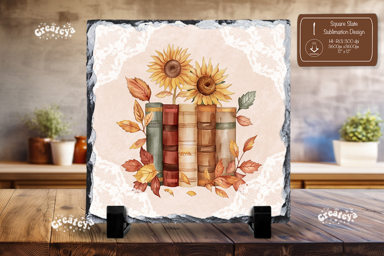 Book lover square slate sublimation book stack sunflower png