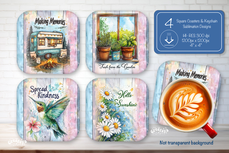 Summer Square Coaster Sublimation PNG Floral farmhouse