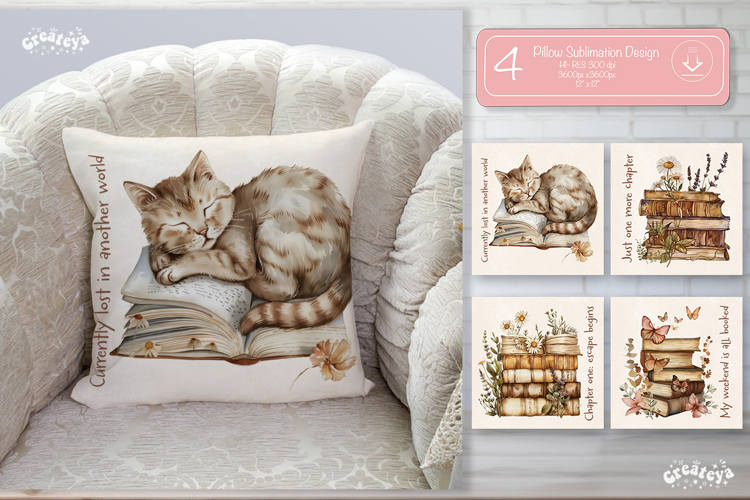 Book lover Quote Pillow case sublimation watercolor Cat