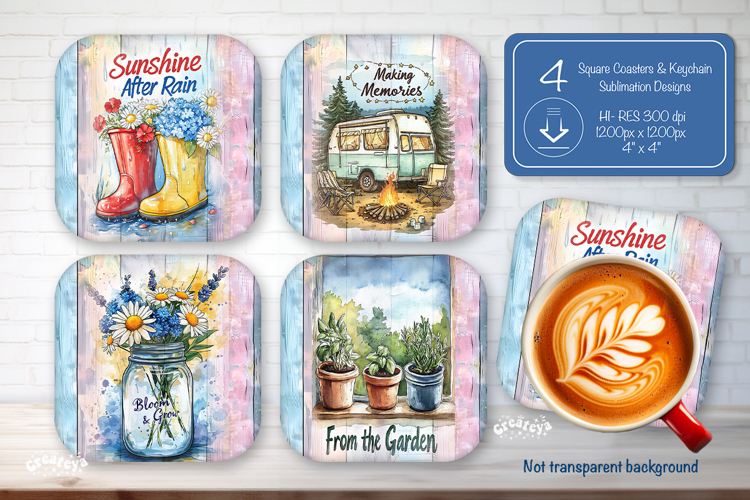 Summer Square Coaster Sublimation PNG Floral farmhouse