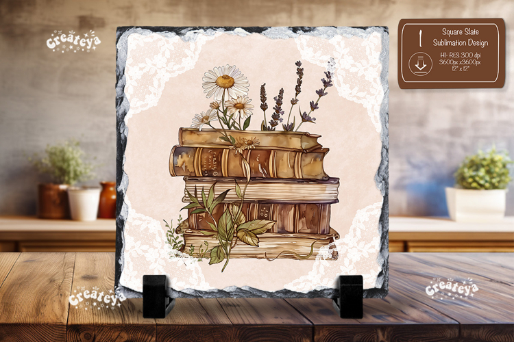 Book lover square slate sublimation Floral wall decor png