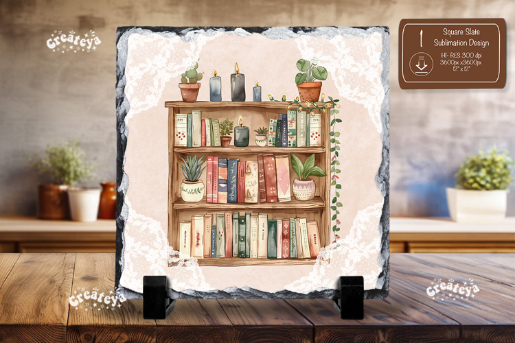 Book lover square slate sublimation book shelf png