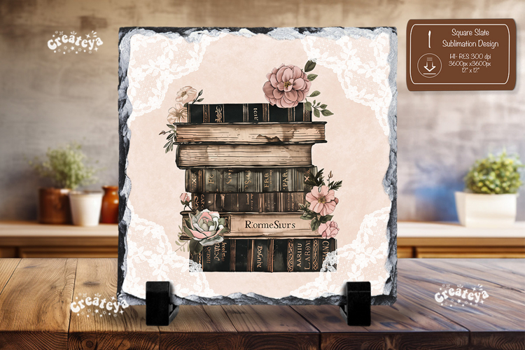 Book lover square slate sublimation flower book stack png