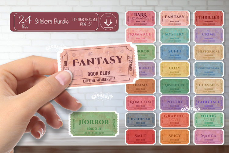 Book Club Ticket printable Sticker Bundle Reading Genre png