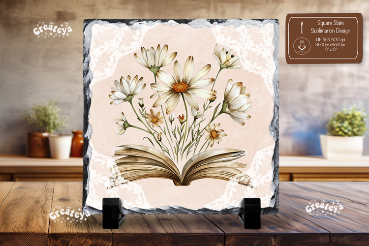 Book lover square slate sublimation open book wildflower png